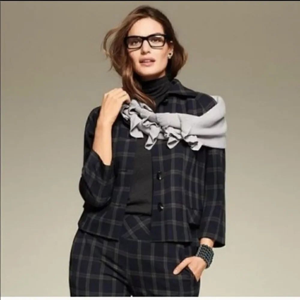 CAbi #3551 Connery Short Jacket Blazer Navy Plaid